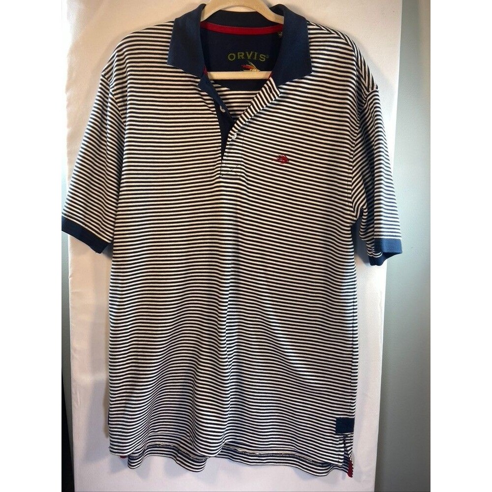 ORVIS MENS MEDUIM BLUE STRIPED POLO SHIRT SHORT SLEEVE FLY FISHING